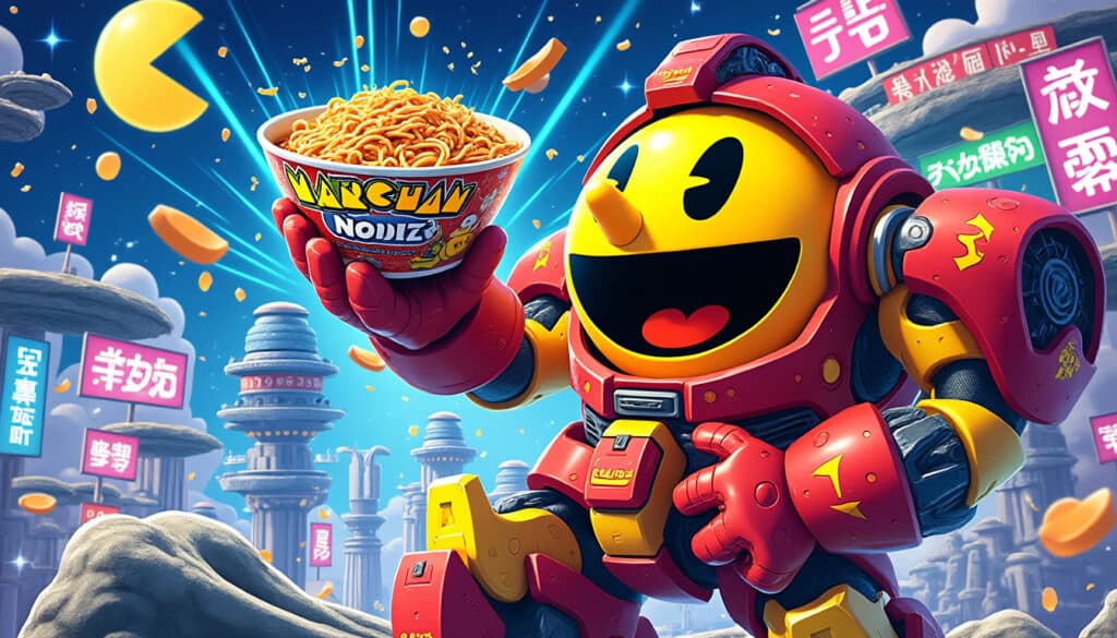 à l'occasion de son anniversaire, pac-man s'associe avec les nouilles maruchan et plonge dans l'univers de gundam pour une célébration unique mêlant nostalgie, gourmandise et culture pop japonaise.