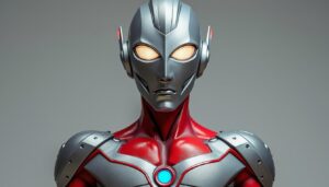 découvrez la figurine unique de hideaki anno, le créateur d'evangelion, habillé en ultraman, fusionnant deux icônes de la culture japonaise dans une oeuvre collector.