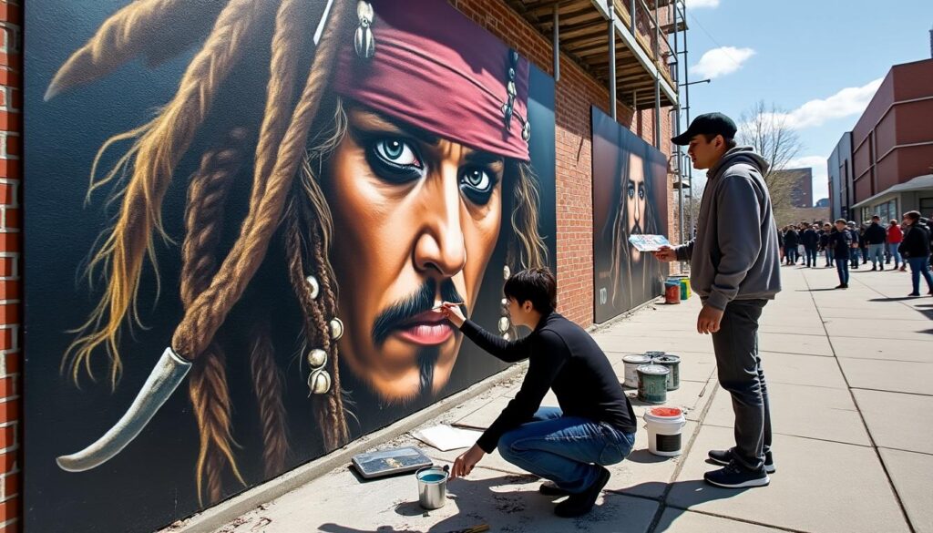 le créateur de one piece et le doubleur de sanji rendent hommage à johnny depp avec une fresque murale inspirée de jack sparrow, célébrant la légende du cinéma et l’univers manga.