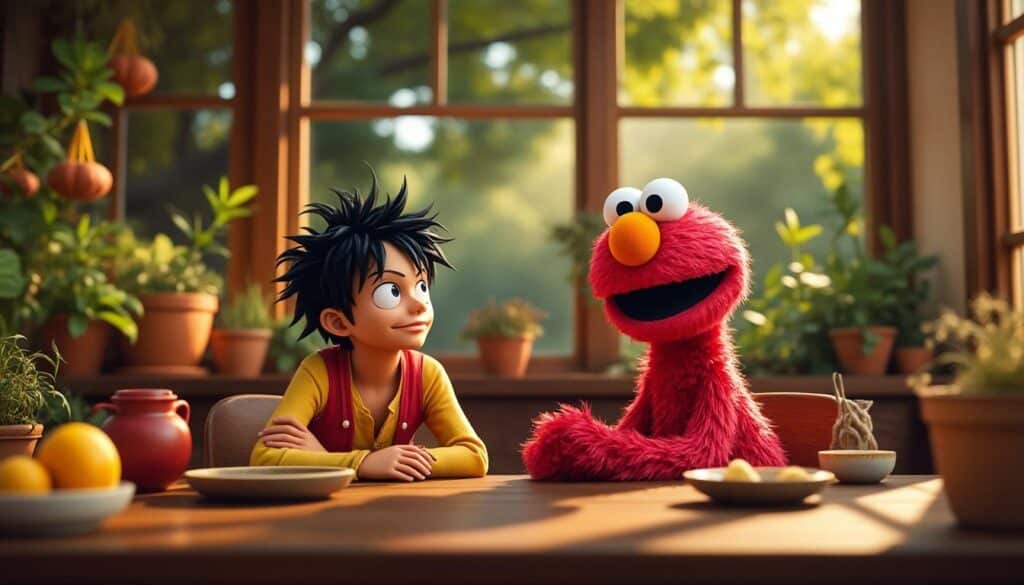 découvrez comment luffy de one piece enseigne un nouveau mot japonais à elmo de sesame street dans une rencontre amusante et éducative entre deux univers populaires.