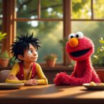 découvrez comment luffy de one piece enseigne un nouveau mot japonais à elmo de sesame street dans une rencontre amusante et éducative entre deux univers populaires.