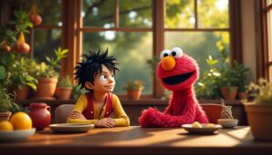 découvrez comment luffy de one piece enseigne un nouveau mot japonais à elmo de sesame street dans une rencontre amusante et éducative entre deux univers populaires.