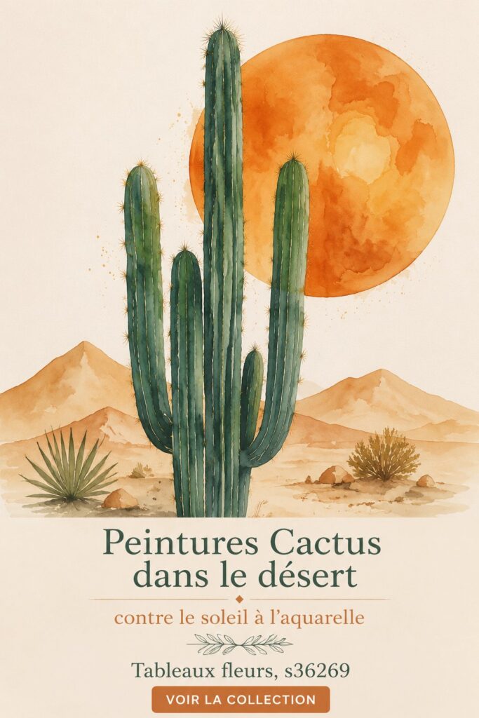 Des aquarelles représentant des cactus dans un paysage désertique, apportant une ambiance chaleureuse à la décoration intérieure.