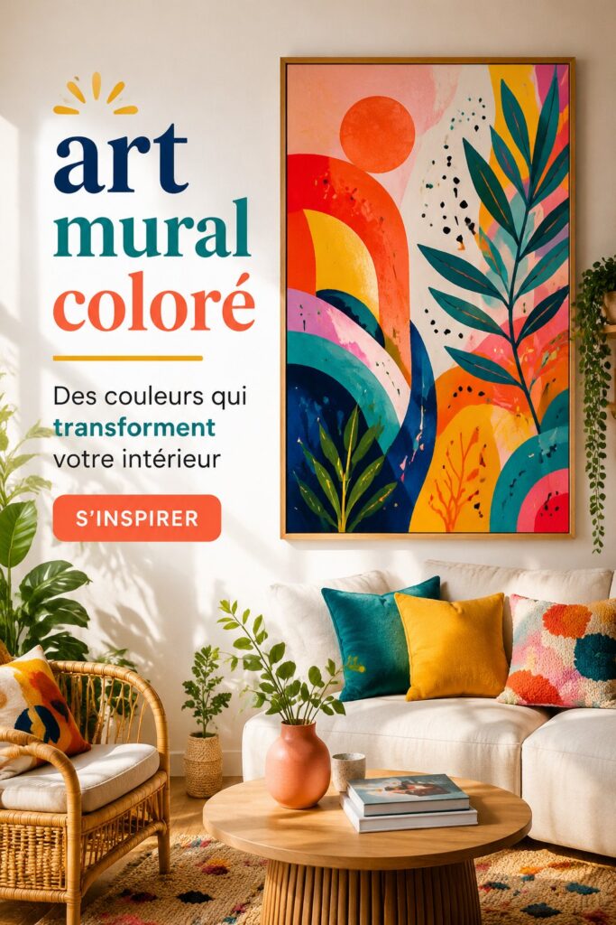 Un mur décoré avec une peinture murale colorée mettant en avant des motifs vibrants.