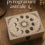 Un projet de boîte en pyrogravure ornée de motifs astrales, illustrant la créativité et le fait main.