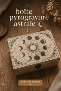 Un projet de boîte en pyrogravure ornée de motifs astrales, illustrant la créativité et le fait main.