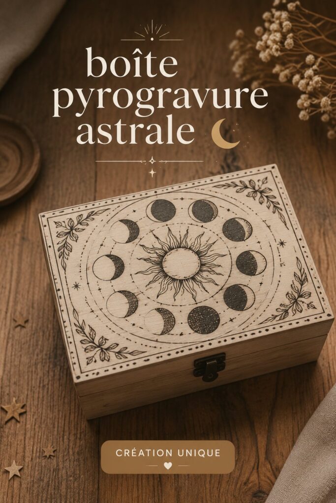Un projet de boîte en pyrogravure ornée de motifs astrales, illustrant la créativité et le fait main.