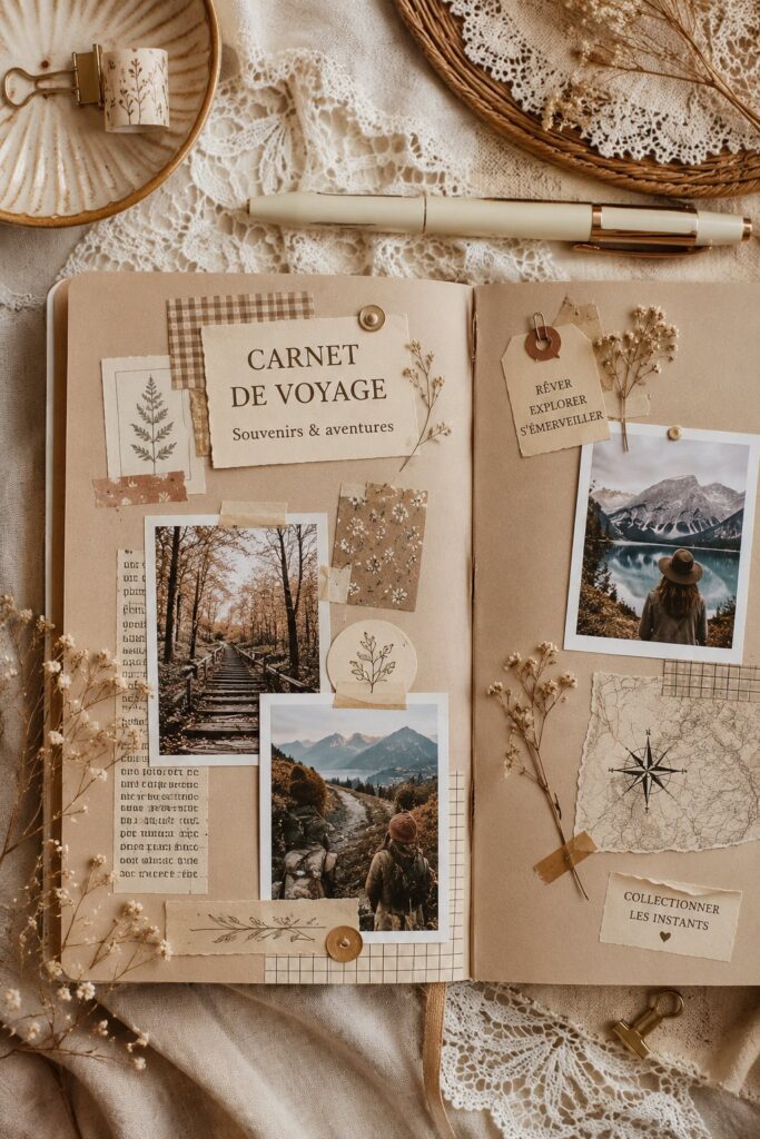 Un Bullet Journal de Voyage ouvert avec des dessins de paysages et des souvenirs coller.