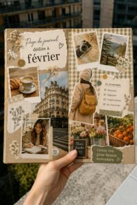 Carnet de voyage ouvert avec des pages dédiées à février, décorées de dessins et de photos