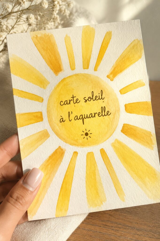 Carte soleil réalisée en aquarelle, avec des couleurs vibrantes et des détails délicats.