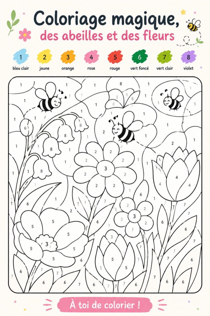 Un coloriage d'abeilles et de fleurs prêt à être colorié, idéal pour des moments de détente.