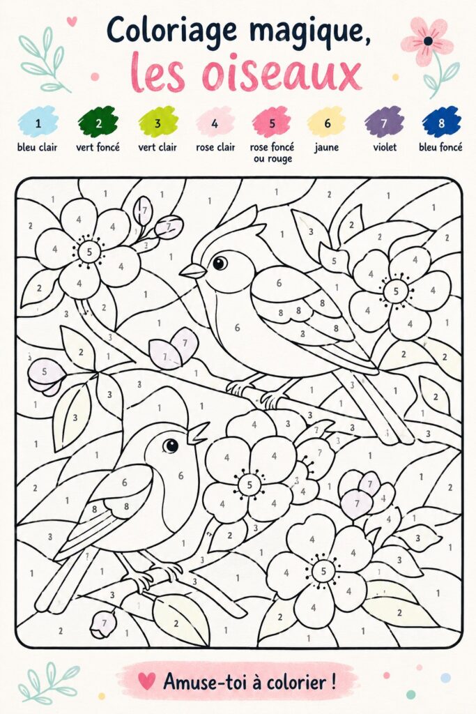 Un coloriage magique d'oiseaux à imprimer, rempli de détails artistiques.