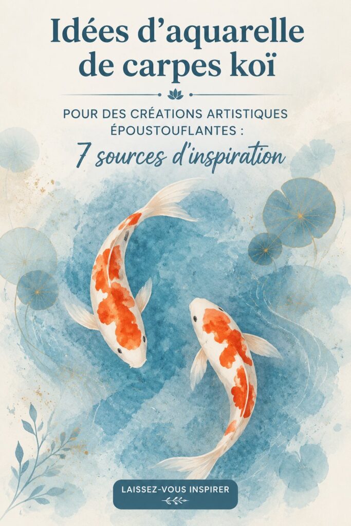 Illustration d'une aquarelle représentant des poissons Koï colorés dans une mare