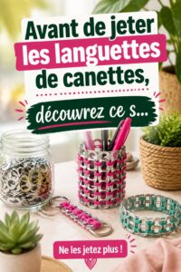 Un assemblage de créations faites avec des languettes de canettes, illustrant la créativité et le recyclage.