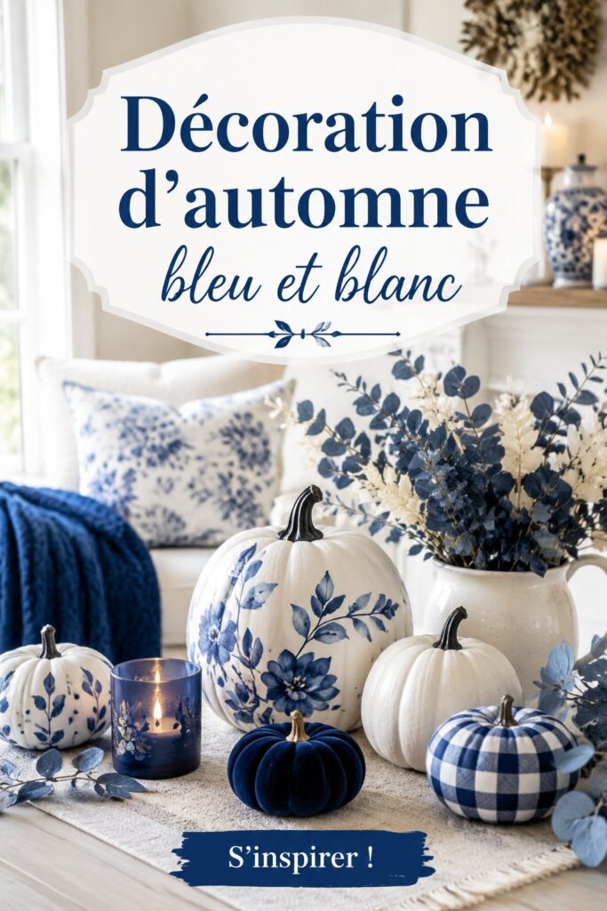 Déco d'automne en bleu et blanc avec des éléments naturels