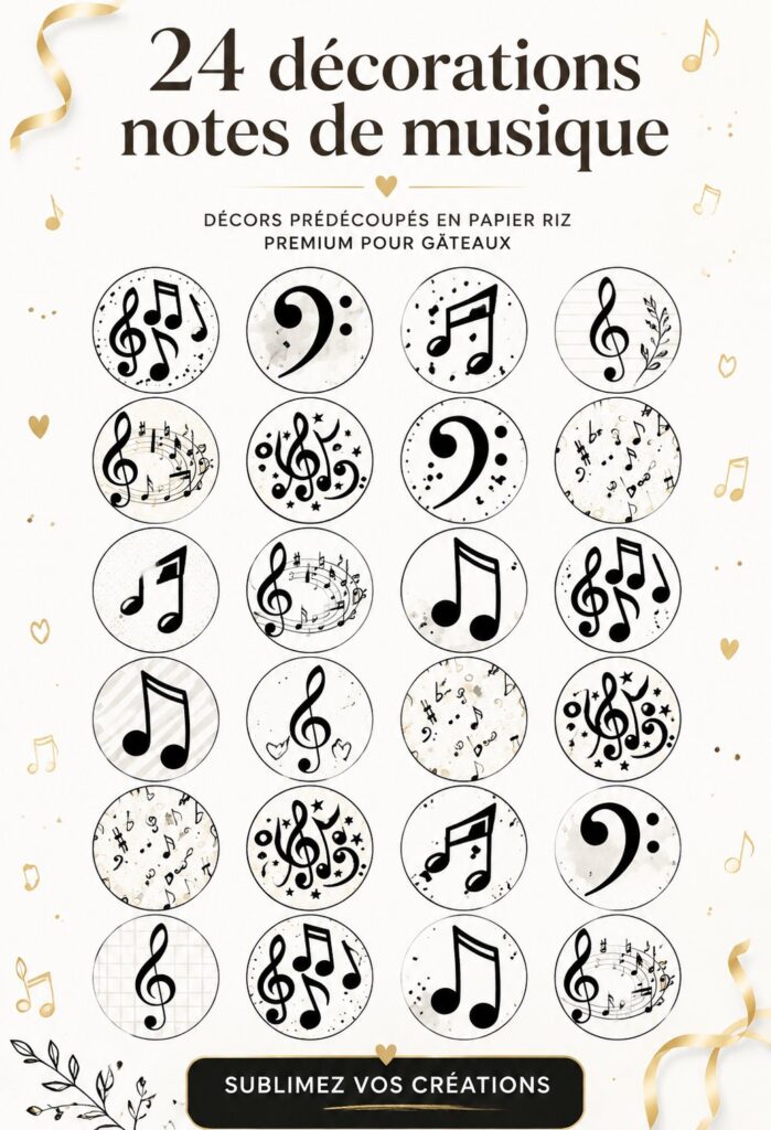 Gâteau décoré avec des notes musicales comestibles sur le dessus