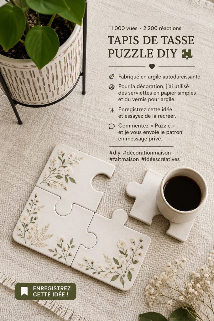 Dessous de tasse DIY en puzzle, réalisé en argile autodurcissante avec des motifs colorés.