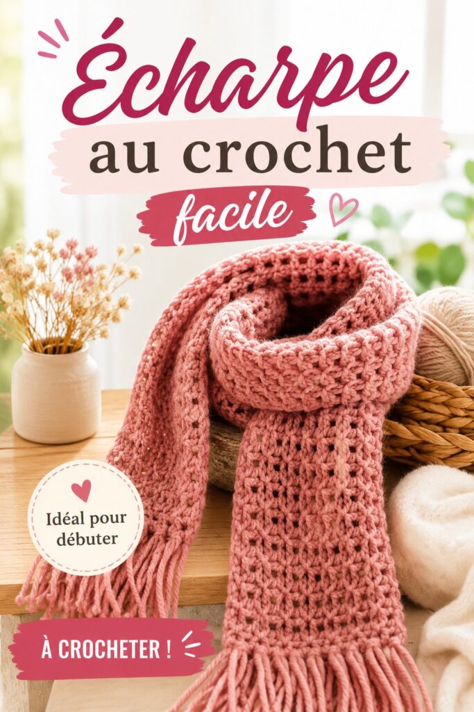 Écharpe au crochet en laine grise posée sur une table en bois.