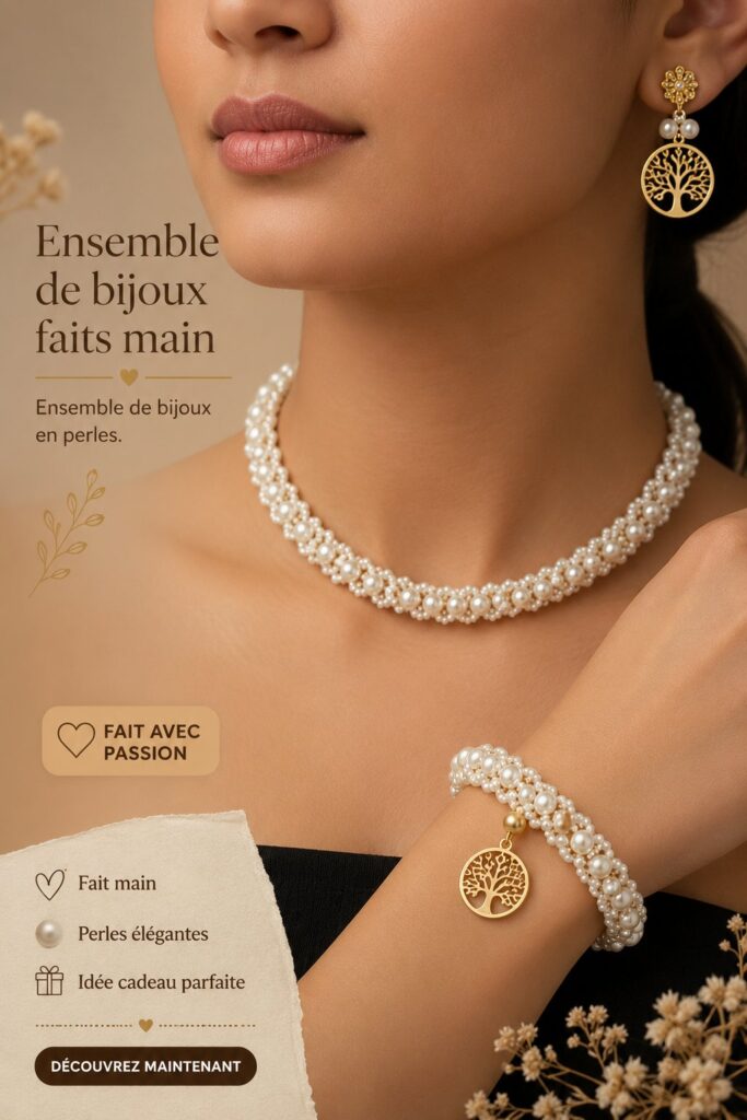 Ensemble de bijoux en perles fait main sur une table de travail