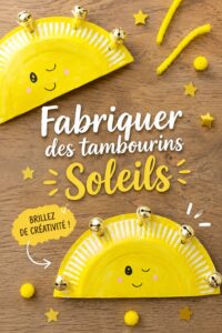 Un tambourin soleil coloré fabriqué à la main avec des matériaux recyclés.
