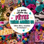 Décoration colorée pour une fête d'anniversaire sur le thème des années 90 avec des ballons et des affiches rétro.