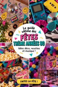 Décoration colorée pour une fête d'anniversaire sur le thème des années 90 avec des ballons et des affiches rétro.