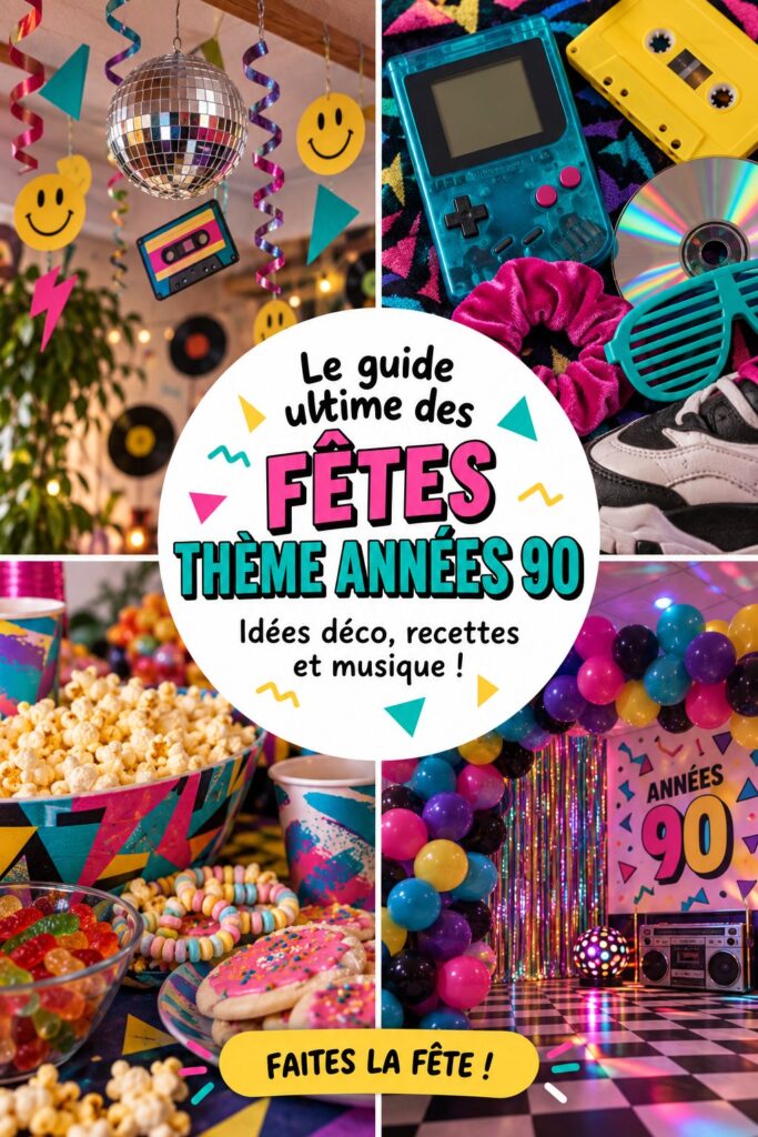Décoration colorée pour une fête d'anniversaire sur le thème des années 90 avec des ballons et des affiches rétro.