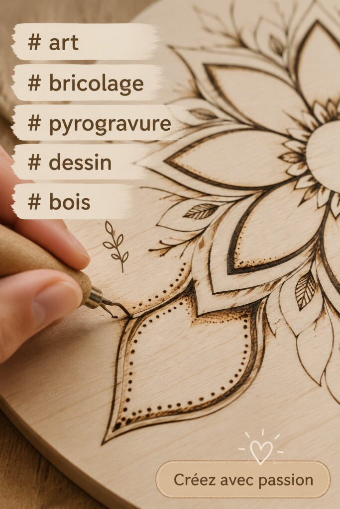 Une belle création en pyrogravure sur bois, illustrant des motifs floraux délicats.