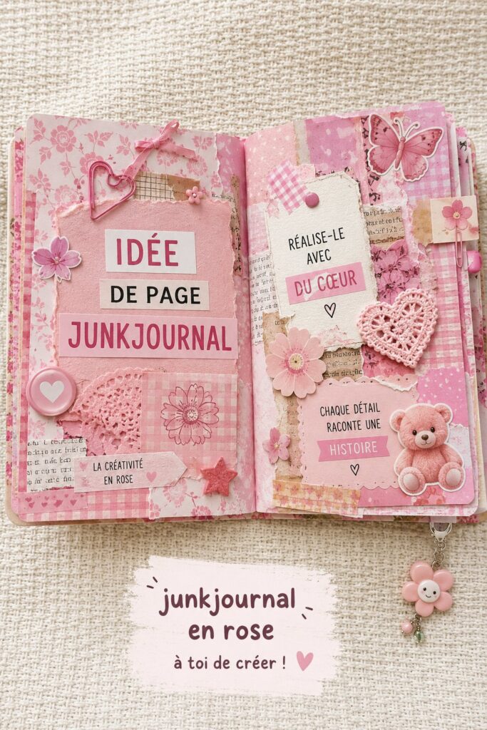 Page colorée d'un junk journal avec des embellissements roses assortis.