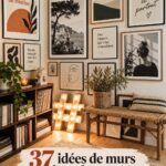 Une belle galerie murale avec des œuvres d'art variées dans un intérieur chaleureux.