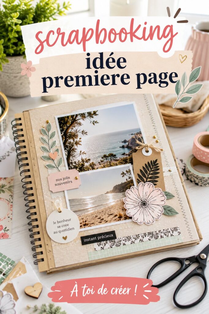 Une première page de scrapbook colorée avec des photos, des embellissements et des motifs.