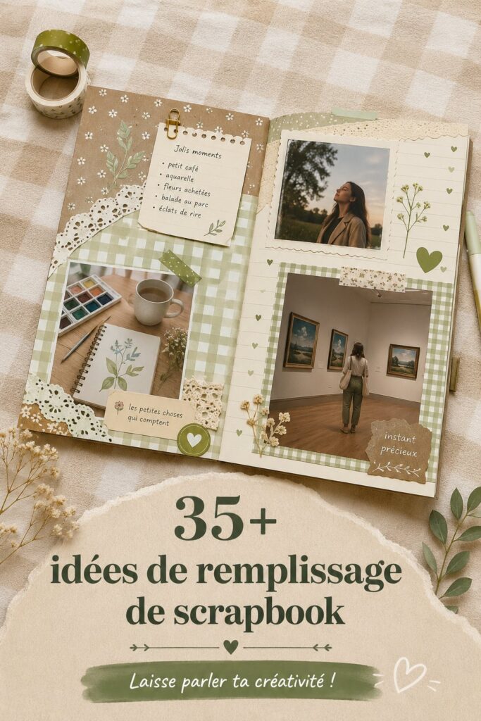 Assemblage de pages de scrapbook colorées avec divers embellissements et photos.