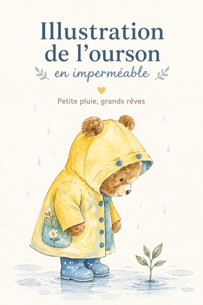 Illustration d'un ours adorable sous la pluie apportant une ambiance chaleureuse