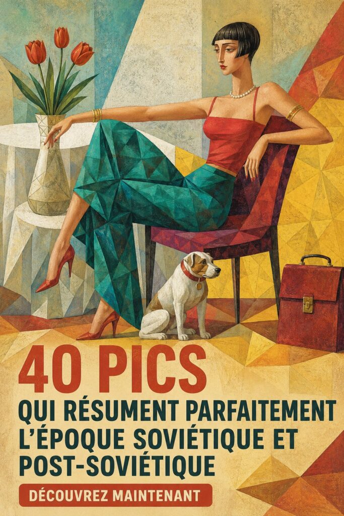 Illustration captivante des temps soviétiques, montrant des scènes de la vie quotidienne.