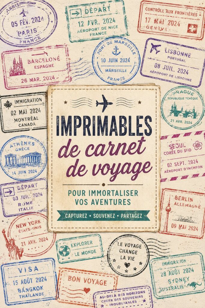 Un carnet de voyage coloré ouvert sur une table avec des photos et des imprimables créatifs.