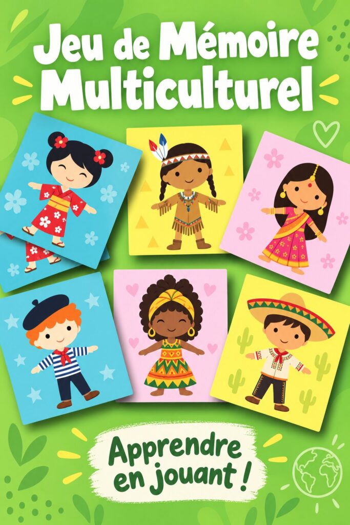 Jeu de mémoire multiculturel avec illustrations colorées, idéal pour enfants