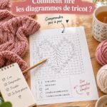 Une personne lisant un diagramme de tricot sur une table avec des pelotes de laine