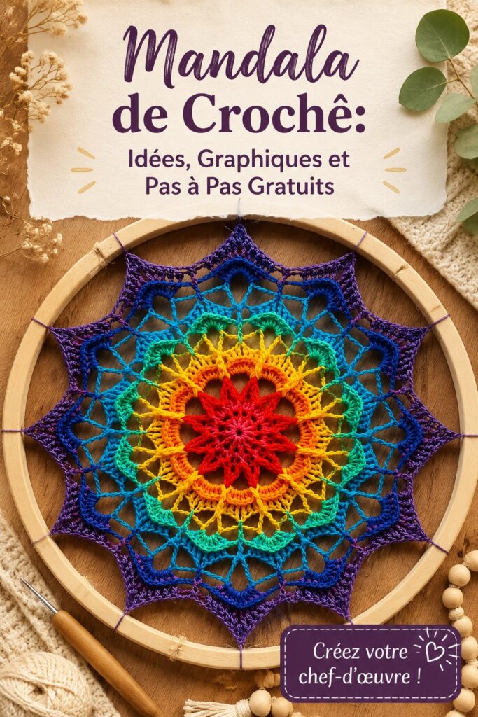 Un mandala coloré réalisé au crochet, illustrant la créativité et le savoir-faire artisanal.