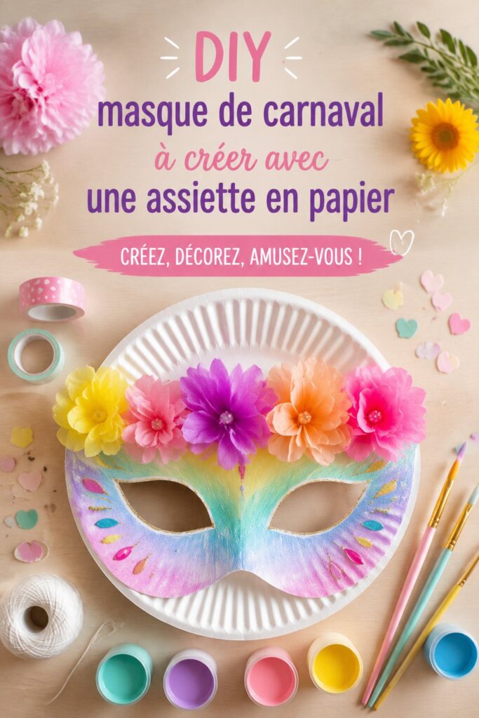 Masque de carnaval coloré fait avec des assiettes en papier sur une table de bricolage