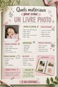 Photo de matériaux variés pour créer un photo book DIY, notamment du papier coloré et de la colle.