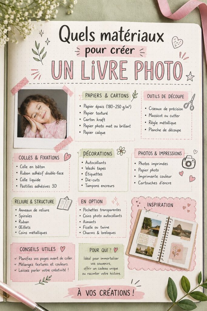 Photo de matériaux variés pour créer un photo book DIY, notamment du papier coloré et de la colle.