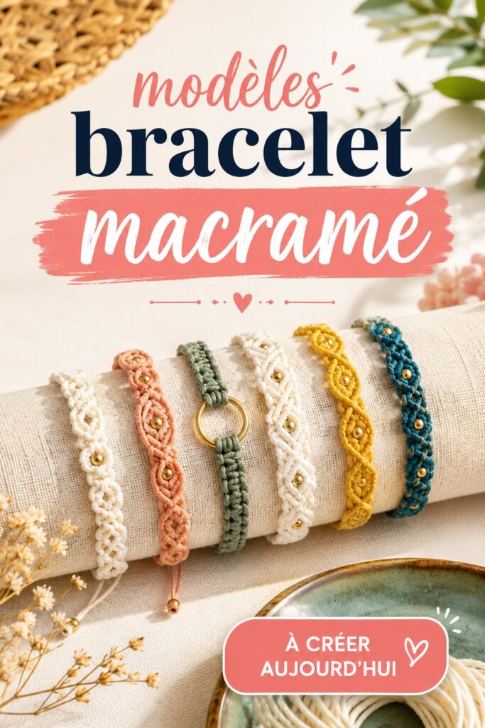 Bracelets colorés en macramé exposés sur une table en bois
