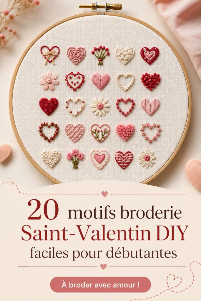Modèle de broderie DIY pour la Saint-Valentin illustrant un cœur et des fleurs.