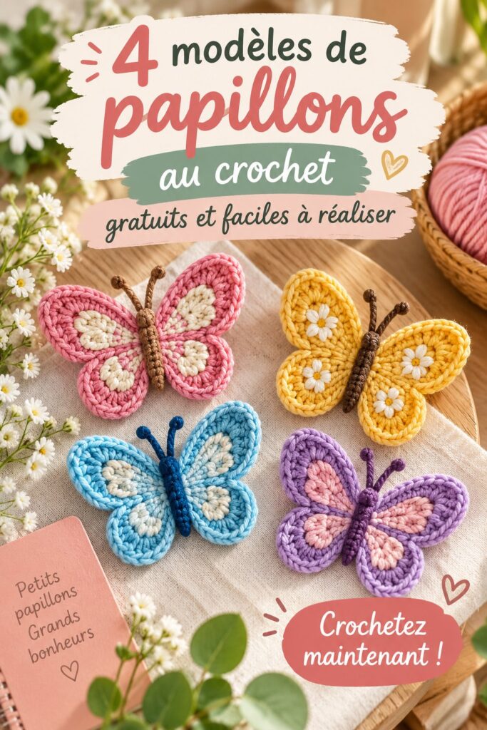 Modèles de papillons colorés en crochet, prêts à être réalisés par des passionnées d'activités manuelles.