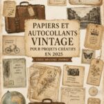 Papier à scrapbook vintage avec divers motifs et couleurs, idéal pour des projets artistiques.