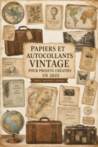 Papier à scrapbook vintage avec divers motifs et couleurs, idéal pour des projets artistiques.