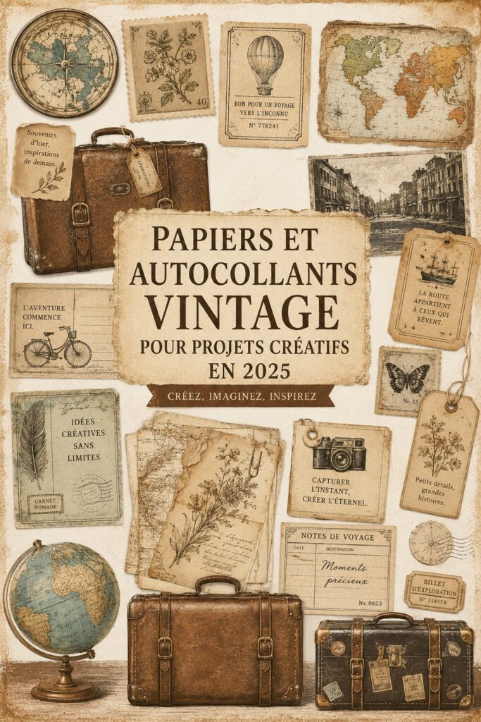 Papier à scrapbook vintage avec divers motifs et couleurs, idéal pour des projets artistiques.