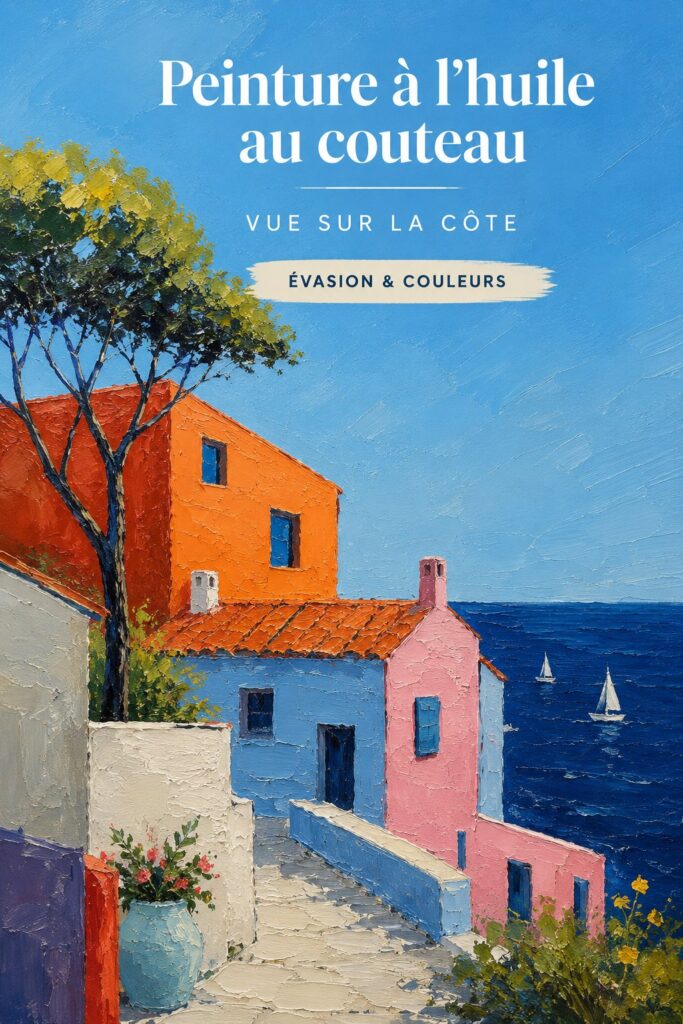 Peinture à l'huile représentant une ville côtière réalisée au couteau