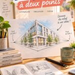 Illustration démontrant la perspective à deux points avec des bâtiments