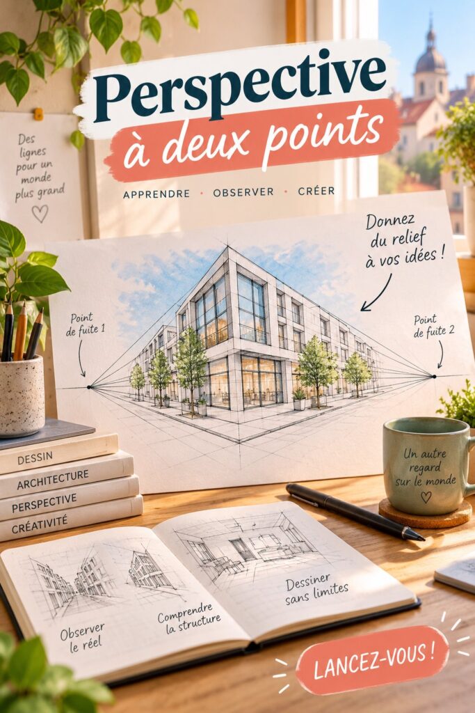 Illustration démontrant la perspective à deux points avec des bâtiments